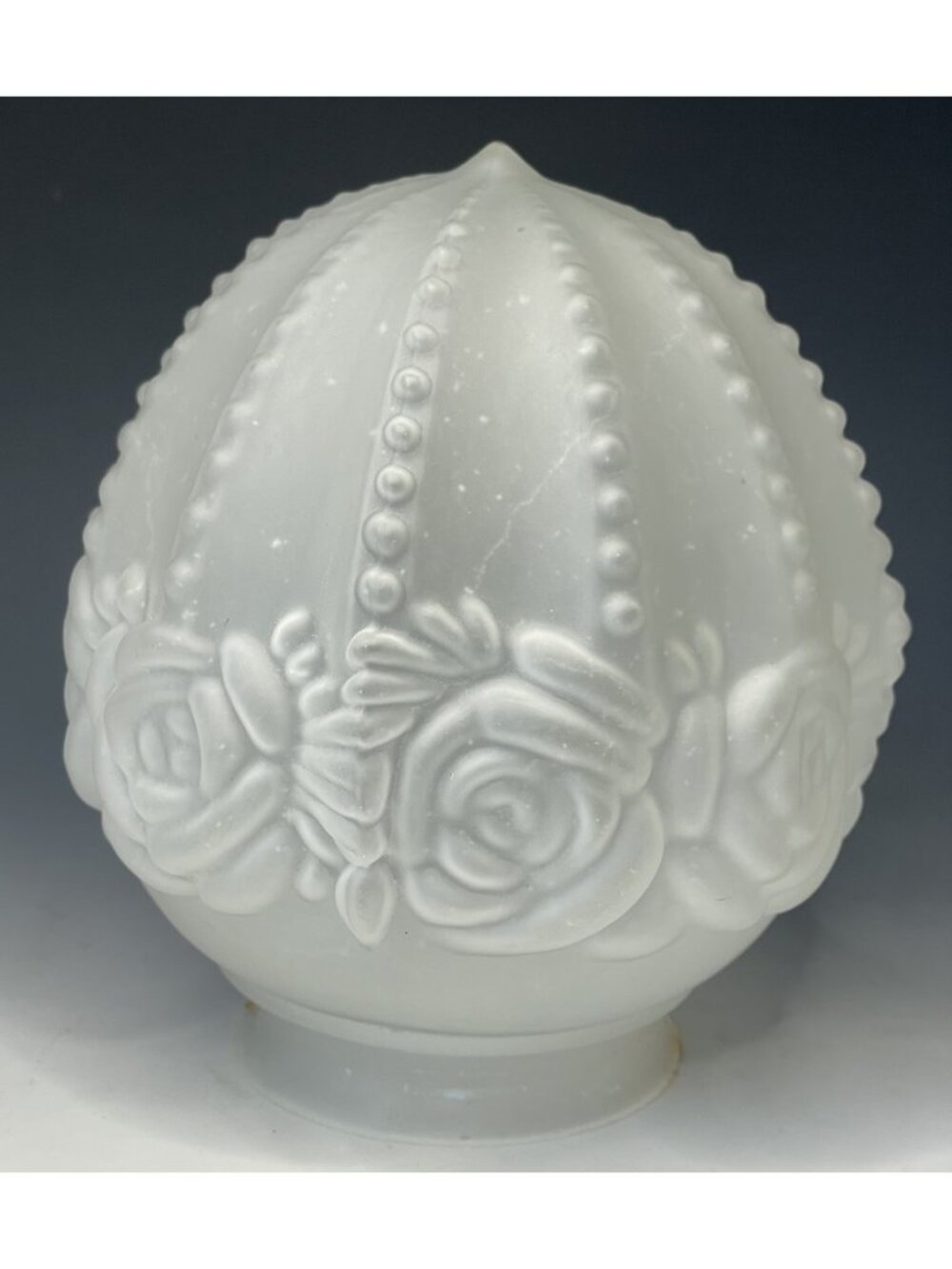 Vintage 20th C. Frosted Satin Puffy Rose Beaded Ribbed Bullet Pendant Lamp Shade